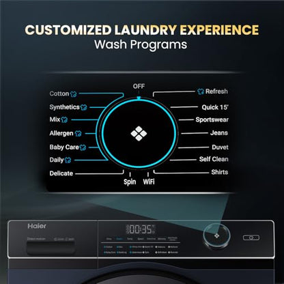 Haier 11 Kg (Wash) / 7 Kg (Dry), 5 Star, Powered by AI-DBT, Direct Drive Technology, Wifi, PuriSteam, I-Refresh, Front Load Fully Automatic Washer Dryer, (EFLD110-DM14IEICBKU1, In-built Heater,Black) 
