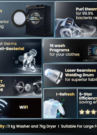 Haier 11 Kg (Wash) / 7 Kg (Dry), 5 Star, Powered by AI-DBT, Direct Drive Technology, Wifi, PuriSteam, I-Refresh, Front Load Fully Automatic Washer Dryer, (EFLD110-DM14IEICBKU1, In-built Heater,Black) 