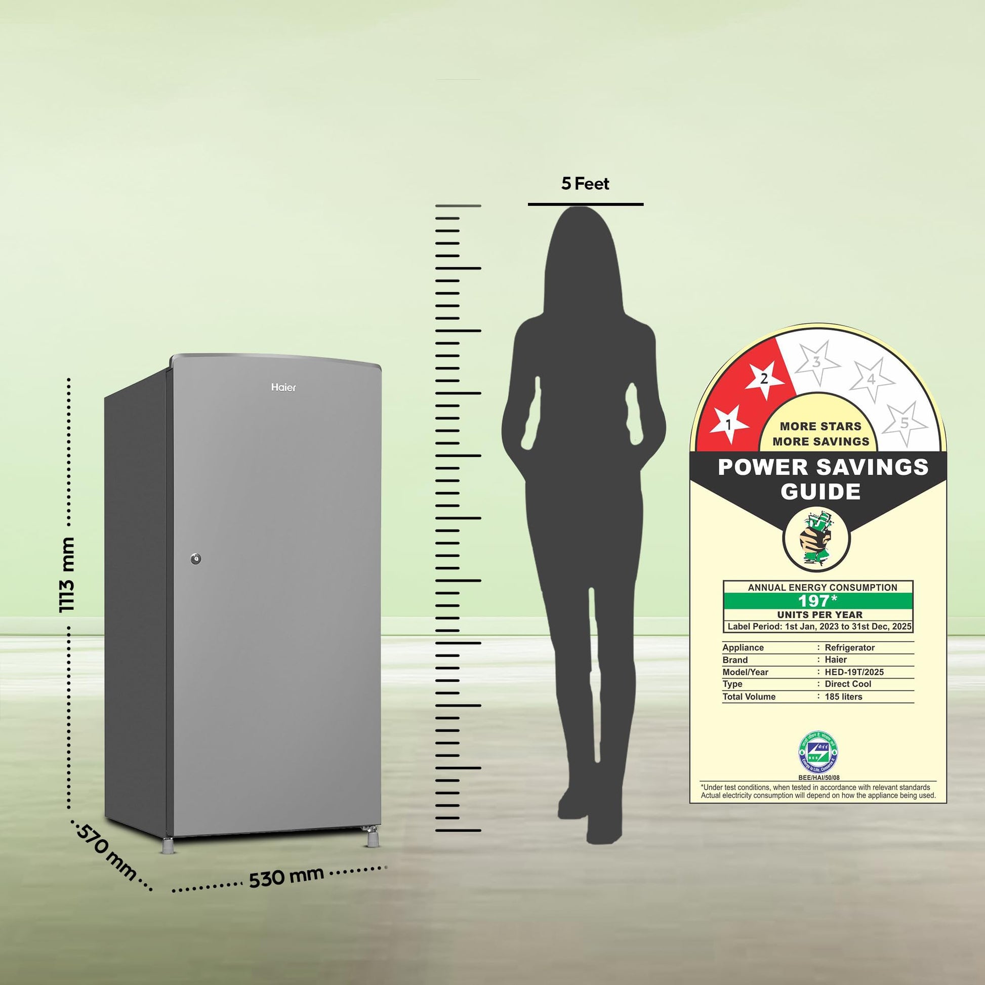 Haier 185 L, 2 Star, Direct-Cool Single Door Refrigerator (HED-19TMS-N, Moon Silver) 