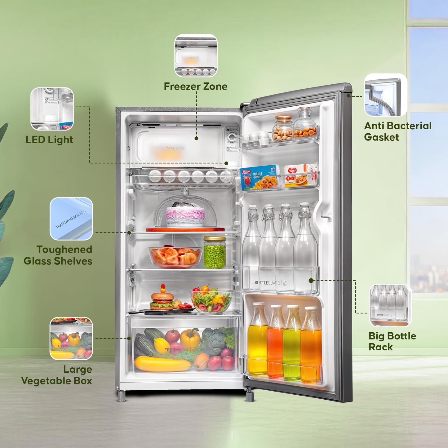 Haier 185 L, 2 Star, Direct-Cool Single Door Refrigerator (HED-19TMS-N, Moon Silver) 