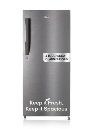 Haier 190L 5 Star Direct Cool Single Door Refrigerator | 3 Toughened Glass Shelves | Fast Ice Making in Just 60 minutes | Large Veg Box| Easy Clean Back (HED-205DS-P, Dazzle Steel) 