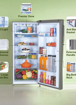 Haier 190L 5 Star Direct Cool Single Door Refrigerator | 3 Toughened Glass Shelves | Fast Ice Making in Just 60 minutes | Large Veg Box| Easy Clean Back (HED-205DS-P, Dazzle Steel) 