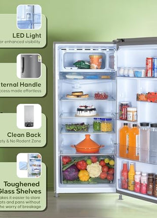 Haier 190L 5 Star Direct Cool Single Door Refrigerator | 3 Toughened Glass Shelves | Fast Ice Making in Just 60 minutes | Large Veg Box| Easy Clean Back (HED-205DS-P, Dazzle Steel) 