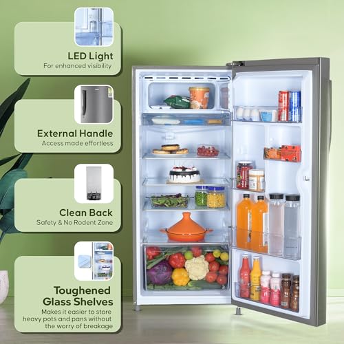 Haier 190L 5 Star Direct Cool Single Door Refrigerator | 3 Toughened Glass Shelves | Fast Ice Making in Just 60 minutes | Large Veg Box| Easy Clean Back (HED-205DS-P, Dazzle Steel) 