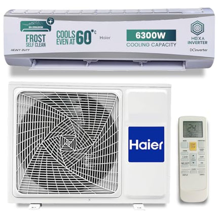 Haier 2 Ton 3 Star HEXA Inverter Split AC (6300 Watts, Copper, 7 in 1 Convertible, Heavy Duty, HD Filter, Frost Self Clean, Cools at 60°C, 20 mtrs Air Throw - HSU24HD-ANW3BN-INV- White) 