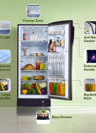 Haier 205L 5Star Direct Cool Single Door Refrigerator | Inverter Compressor | Wide Freezer Space | Bigger Ice Tray | Longer Cooling Retention | Easy Clean Back (HED-215MRB-N, Marine Rose, Base Stand) 