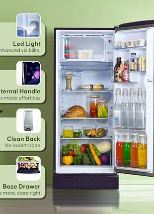 Haier 205L 5Star Direct Cool Single Door Refrigerator | Inverter Compressor | Wide Freezer Space | Bigger Ice Tray | Longer Cooling Retention | Easy Clean Back (HED-215MRB-N, Marine Rose, Base Stand) 