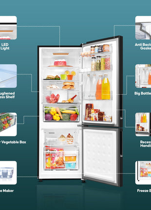 Haier 237L 3 Star Frost Free Bottom Mount Double Door Refrigerator|8 In 1 Convertible Modes|Jhukna Mat-Bottom Freezer|Twin Inverter|200% Faster Ice Making in 49 Minutes (HEB-243GB-P, GE Black) 