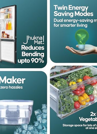 Haier 237L 3 Star Frost Free Bottom Mount Double Door Refrigerator|8 In 1 Convertible Modes|Jhukna Mat-Bottom Freezer|Twin Inverter|200% Faster Ice Making in 49 Minutes (HEB-243GB-P, GE Black) 