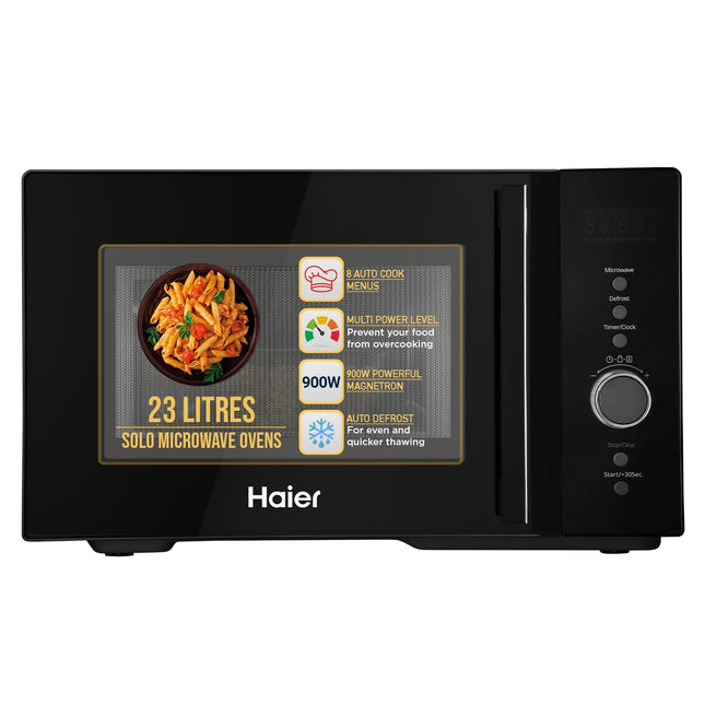 Haier 23L Solo Microwave Oven with Defrost Technology, Child Lock (HIL2301MBEJ, Black, Inbuilt Auto Cook Menus) 