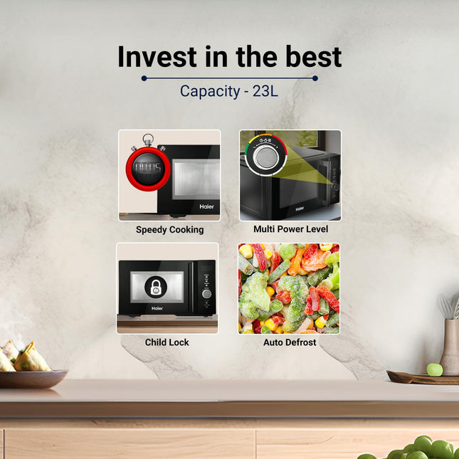 Haier 23L Solo Microwave Oven with Defrost Technology, Child Lock (HIL2301MBEJ, Black, Inbuilt Auto Cook Menus) 