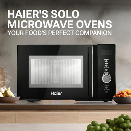 Haier 23L Solo Microwave Oven with Defrost Technology, Child Lock (HIL2301MBEJ, Black, Inbuilt Auto Cook Menus) 