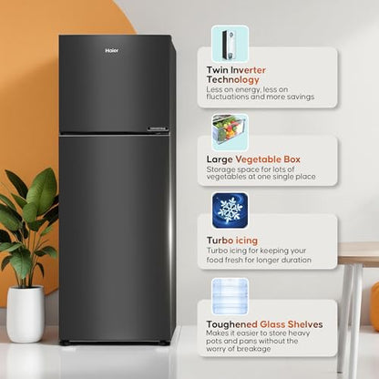 Haier 240L 3 Star Frost Free Top Mount Double Door Refrigerator|5 In 1 Convertible Modes|Twin Inverter|200% Faster Ice Making in 49 Minutes (HEF-253GB-P, GE Black) 