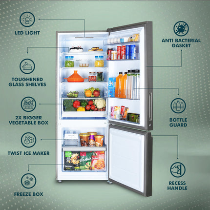 Haier 325 L, 3 Star, Convertible 14-in-1 Triple Inverter & Fan Motor Technology, with Display Frost Free Double Door Bottom Mount Refrigerator (HEB-333DS-P, Dazzle Steel, 2024 Model) 