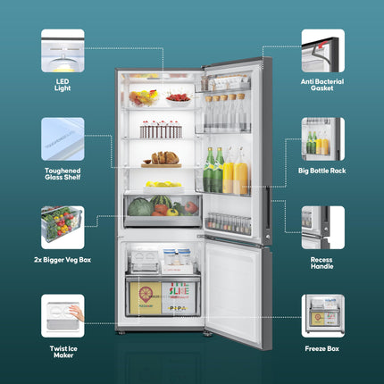 Haier 325 L, 3 Star, Convertible 14-in-1 Triple Inverter & Fan Motor Technology, with Display Frost Free Double Door Bottom Mount Refrigerator (HEB-333DS-P, Dazzle Steel) 