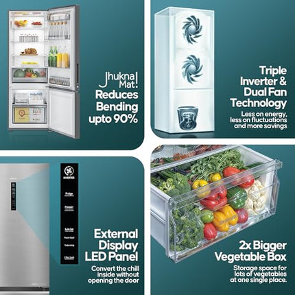 Haier 325 L, 3 Star, Convertible 14-in-1 Triple Inverter & Fan Motor Technology, with Display Frost Free Double Door Bottom Mount Refrigerator (HEB-333DS-P, Dazzle Steel) 