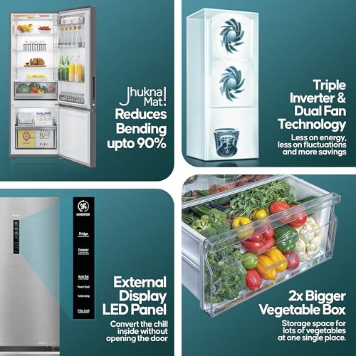 Haier 325 L, 3 Star, Convertible 14-in-1 Triple Inverter & Fan Motor Technology, with Display Frost Free Double Door Bottom Mount Refrigerator (HEB-333DS-P, Dazzle Steel) 