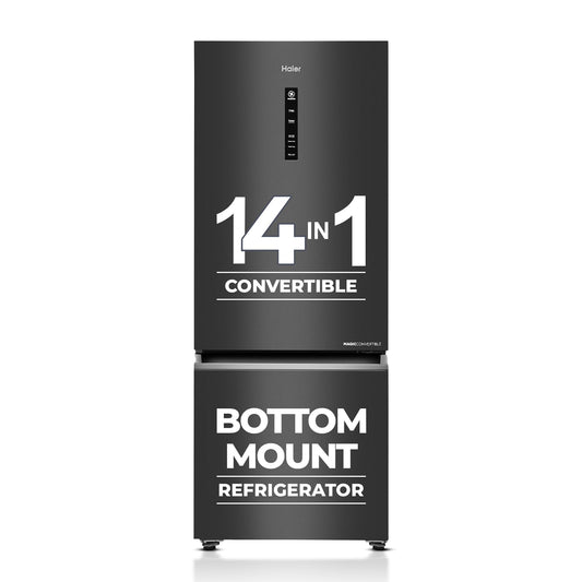 Haier 325 L 3 Star Frost Free Bottom Mount Double Door Refrigerator|Convertible 14-in-1|Jhukna Mat-Bottom Freezer|Digital Display Panel|Triple Inverter|Twist Ice Maker (HEB-333GB-P, Graphite Black) 