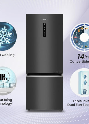 Haier 325 L 3 Star Frost Free Bottom Mount Double Door Refrigerator|Convertible 14-in-1|Jhukna Mat-Bottom Freezer|Digital Display Panel|Triple Inverter|Twist Ice Maker (HEB-333GB-P, Graphite Black) 