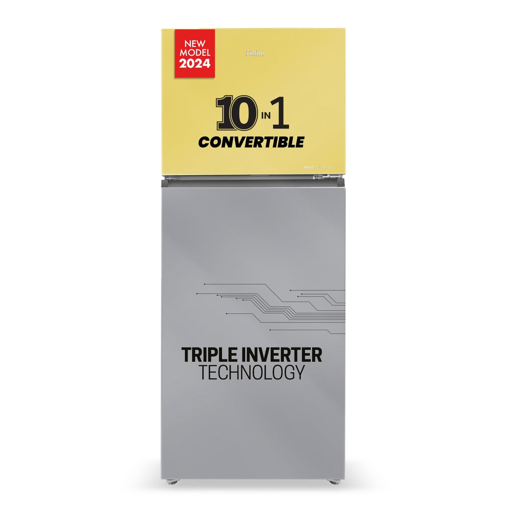 Haier 328 L, 3 Star, Convertible 10-in-1, Triple Inverter & Fan Motor Technology, Frost Free Double Door Refrigerator (HRF-3783YGG-P, Yellow Grey Glass, 2024 Model)