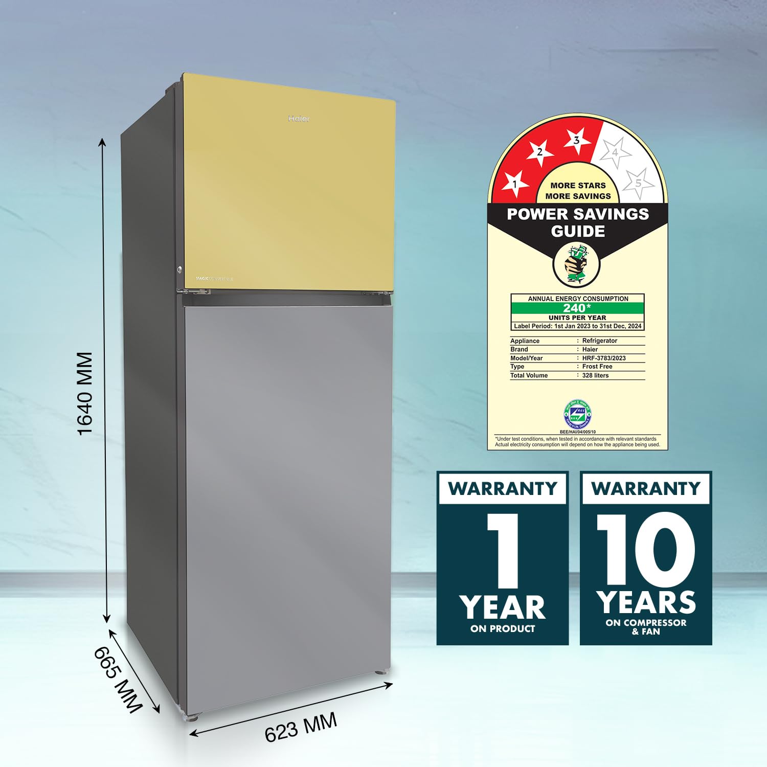 Haier 328 L, 3 Star, Convertible 10-in-1, Triple Inverter & Fan Motor Technology, Frost Free Double Door Refrigerator (HRF-3783YGG-P, Yellow Grey Glass, 2024 Model) 