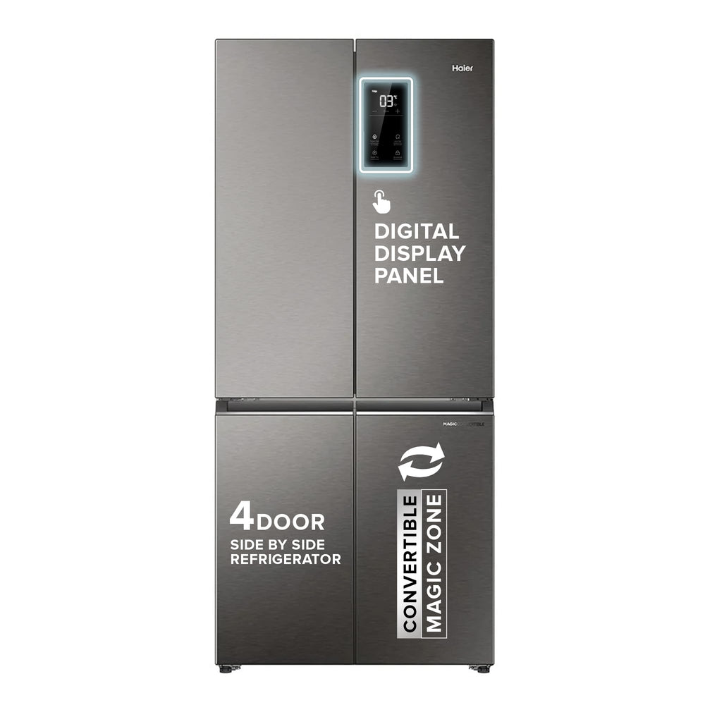 Haier 520L 3 Star Lumiere French Door 4-Door Side by Side Frost Free Refrigerator | Convertible Magic Zone | Inverter | Digital Display Panel | Deo Fresh Technology (HRB-600IS, Inox Steel)
