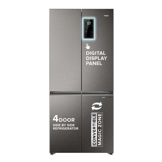Haier 520L 3 Star Lumiere French Door 4-Door Side by Side Frost Free Refrigerator | Convertible Magic Zone | Inverter | Digital Display Panel | Deo Fresh Technology (HRB-600IS, Inox Steel) 