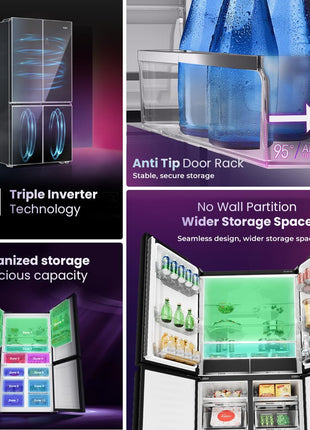 Haier 520L 3 Star Lumiere French Door 4-Door Side by Side Frost Free Refrigerator | Convertible Magic Zone | Inverter | Digital Display Panel | Deo Fresh Technology (HRB-600IS, Inox Steel) 