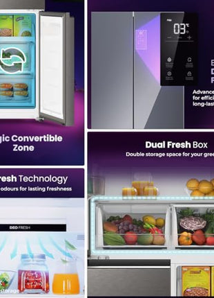 Haier 520L 3 Star Lumiere French Door 4-Door Side by Side Frost Free Refrigerator | Convertible Magic Zone | Inverter | Digital Display Panel | Deo Fresh Technology (HRB-600IS, Inox Steel) 