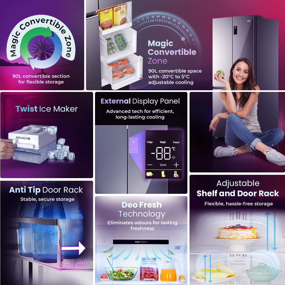 Haier 520L 3 Star Lumiere French Door 4-Door Side by Side Frost Free Refrigerator | Convertible Magic Zone | Inverter | Digital Display Panel | Deo Fresh Technology (HRB-600IS, Inox Steel) 