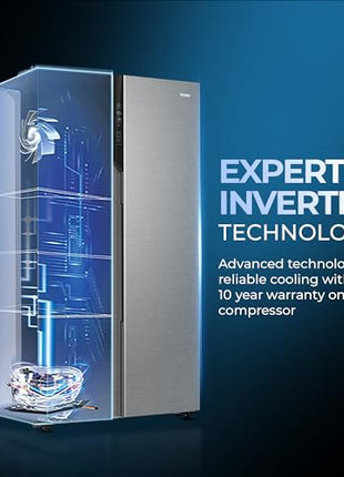 Haier 596 L, 3 Star, 100% Convertible Fridge Space, Expert Inverter, Frost Free Side by Side Refrigerator, (HES-690SS-P, Shiny Silver) 