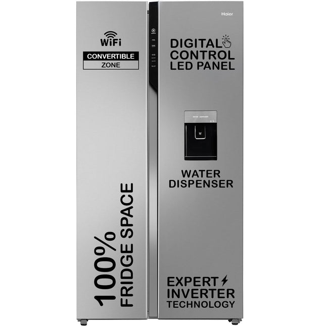 Haier 596 L, Wi-Fi enabled Water Dispenser Frost Free, 2-Door Side by Side Refrigerator with 100% Convertible Fridge Space & Expert Inverter Technology (HRS-682SWDU1, Shiny Steel, 2024 Model) 