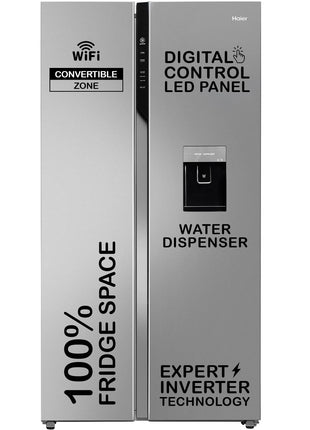 Haier 596 L, Wi-Fi enabled Water Dispenser Frost Free, 2-Door Side by Side Refrigerator with 100% Convertible Fridge Space & Expert Inverter Technology (HRS-682SWDU1, Shiny Steel) 