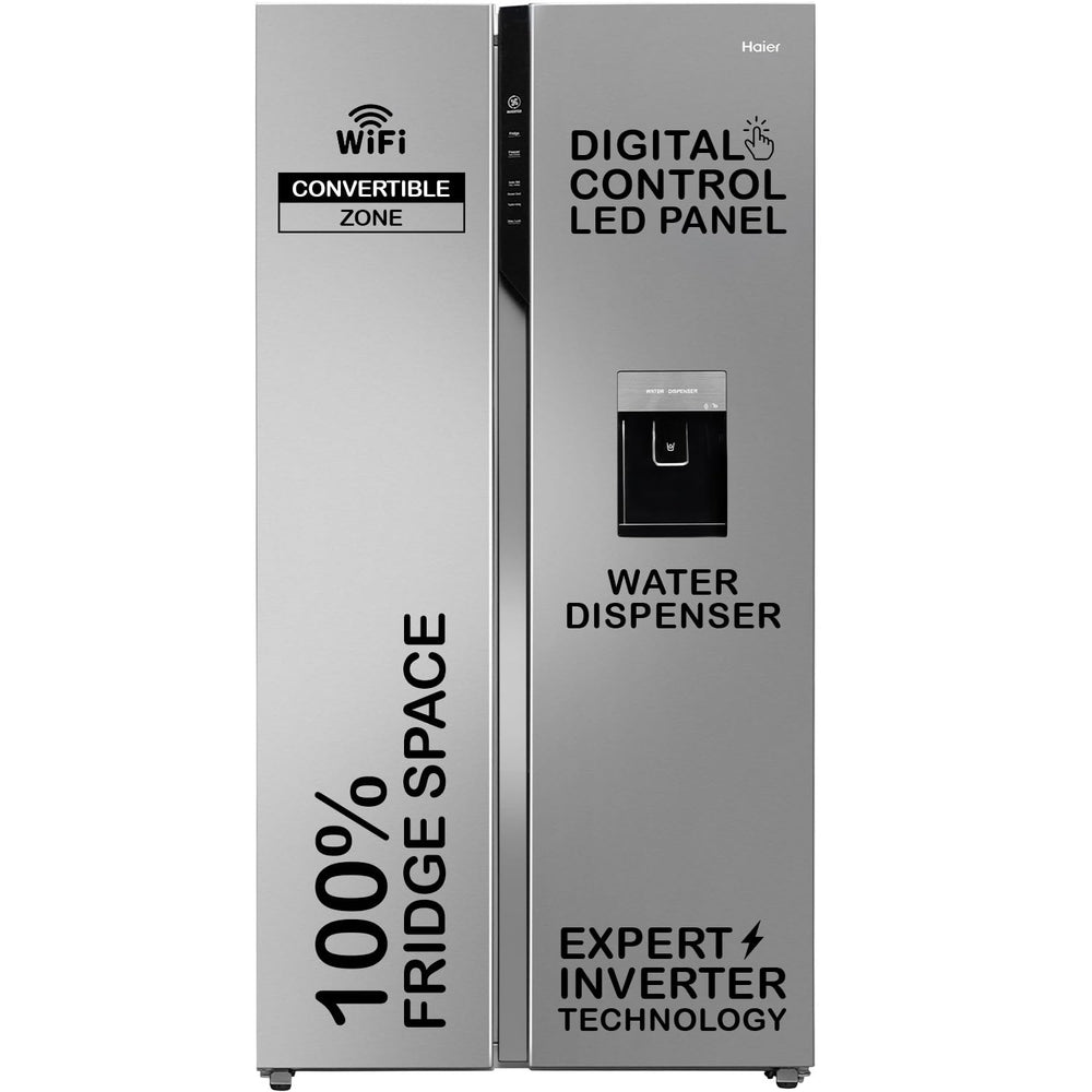 Haier 596 L, Wi-Fi enabled Water Dispenser Frost Free, 2-Door Side by Side Refrigerator with 100% Convertible Fridge Space & Expert Inverter Technology (HRS-682SWDU1, Shiny Steel)