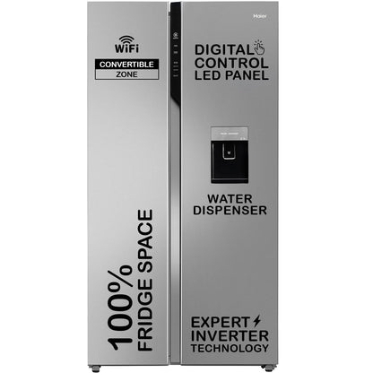 Haier 596 L, Wi-Fi enabled Water Dispenser Frost Free, 2-Door Side by Side Refrigerator with 100% Convertible Fridge Space & Expert Inverter Technology (HRS-682SWDU1, Shiny Steel) 