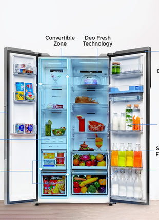 Haier 596 L, Wi-Fi enabled Water Dispenser Frost Free, 2-Door Side by Side Refrigerator with 100% Convertible Fridge Space & Expert Inverter Technology (HRS-682SWDU1, Shiny Steel) 