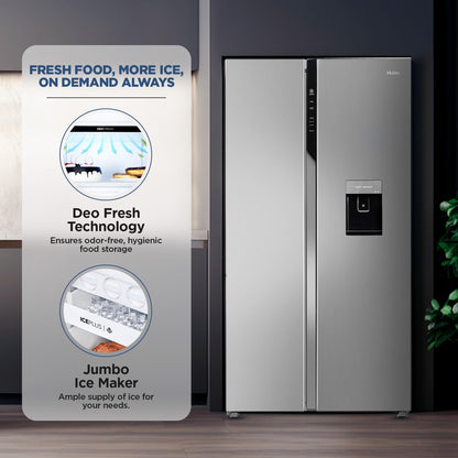 Haier 596 L, Wi-Fi enabled Water Dispenser Frost Free, 2-Door Side by Side Refrigerator with 100% Convertible Fridge Space & Expert Inverter Technology (HRS-682SWDU1, Shiny Steel) 