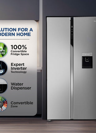 Haier 596 L, Wi-Fi enabled Water Dispenser Frost Free, 2-Door Side by Side Refrigerator with 100% Convertible Fridge Space & Expert Inverter Technology (HRS-682SWDU1, Shiny Steel) 