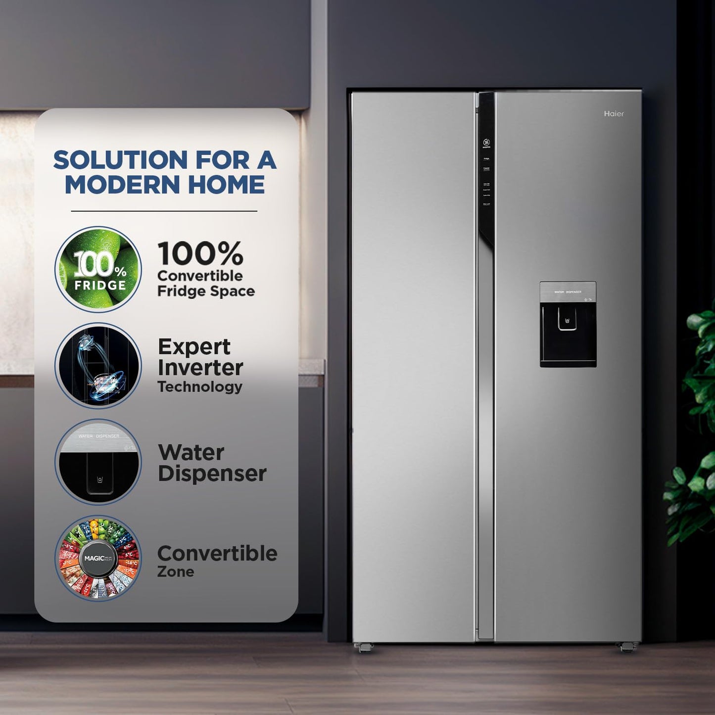 Haier 596 L, Wi-Fi enabled Water Dispenser Frost Free, 2-Door Side by Side Refrigerator with 100% Convertible Fridge Space & Expert Inverter Technology (HRS-682SWDU1, Shiny Steel) 