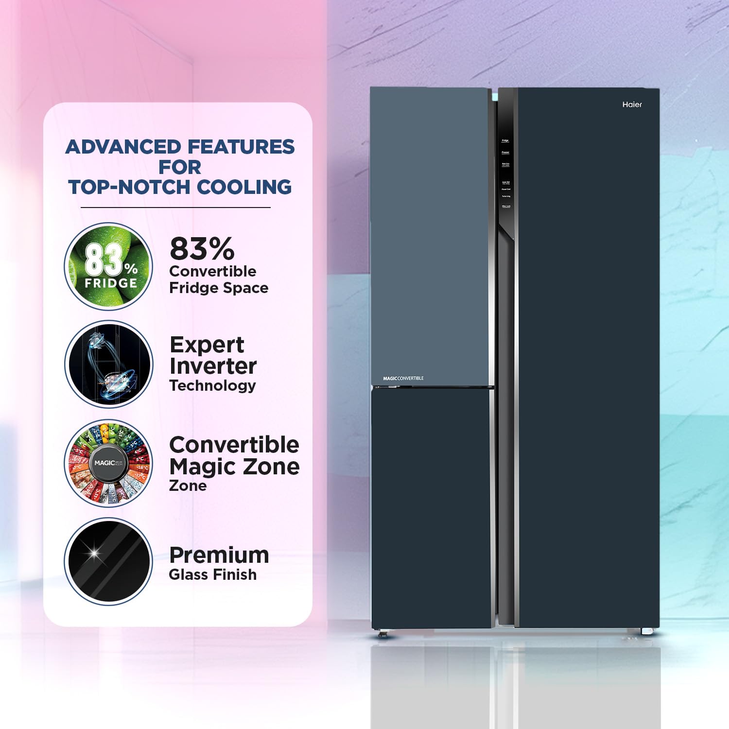 Haier 598L, 3-Star, Vogue 83% Convertible Fridge Space, Expert Inverter 3-Door Side by Side Refrigerator, (HRT-683GOG, Grey Onyx Glass) 