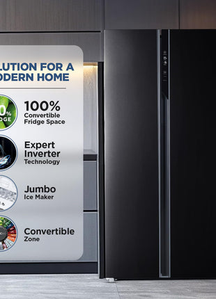 Haier 602 L, 3 Star, 100% Convertible Fridge Space, Expert Inverter, Frost Free Side by Side Refrigerator, (HRS-682KS, Black Steel) 