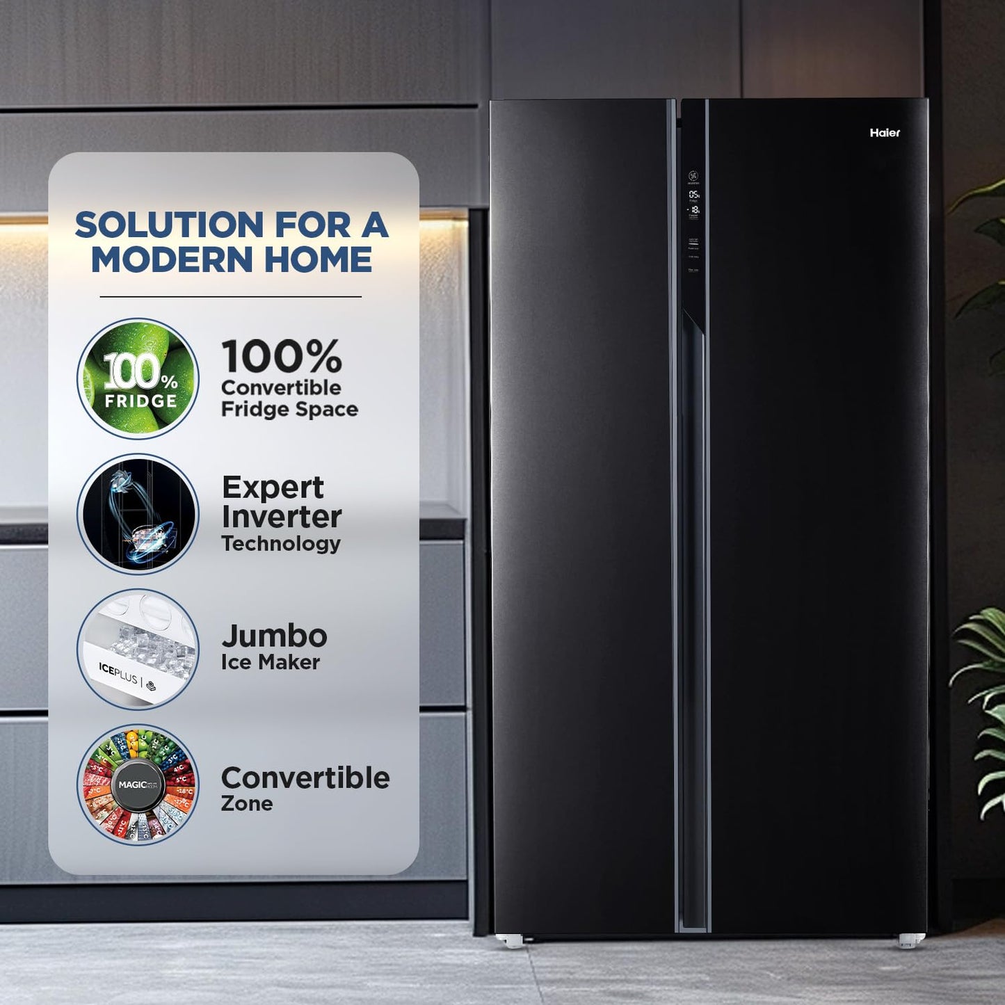 Haier 602 L, 3 Star, 100% Convertible Fridge Space, Expert Inverter, Frost Free Side by Side Refrigerator, (HRS-682KS, Black Steel) 