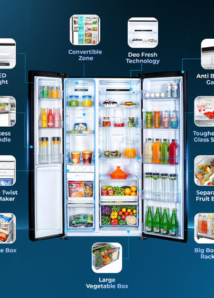 Haier 602 L, 3 Star, 100% Convertible Fridge Space, Expert Inverter, Frost Free Side by Side Refrigerator, (HRS-682KS, Black Steel) 