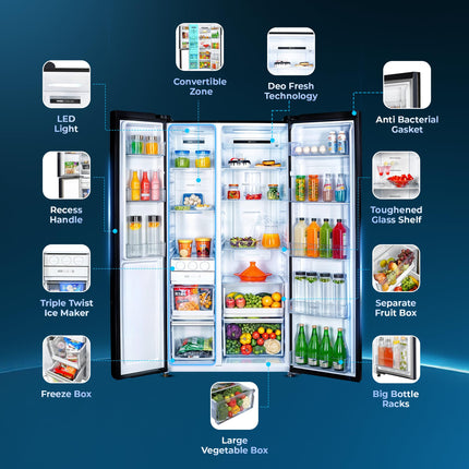 Haier 602 L, 3 Star, 100% Convertible Fridge Space, Expert Inverter, Frost Free Side by Side Refrigerator, (HRS-682KS, Black Steel) 