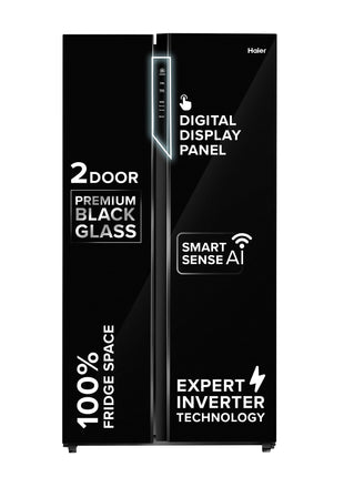 Haier 602L 3Star 2 Door Premium Glass Side by Side Frost Free Refrigerator|100% Convertible|Wi-Fi|Expert Inverter Technology|Digital Display Panel|Triple Twist Ice Maker (HRS-682KGU1, Black Glass) 