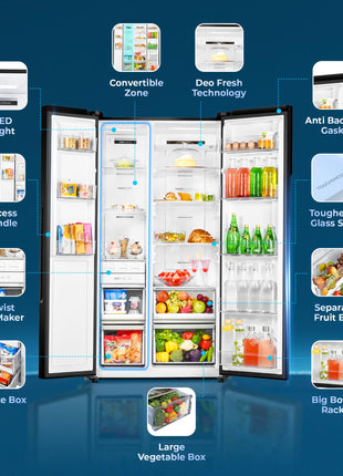 Haier 602L 3Star 2 Door Premium Glass Side by Side Frost Free Refrigerator|100% Convertible|Wi-Fi|Expert Inverter Technology|Digital Display Panel|Triple Twist Ice Maker (HRS-682KGU1, Black Glass) 