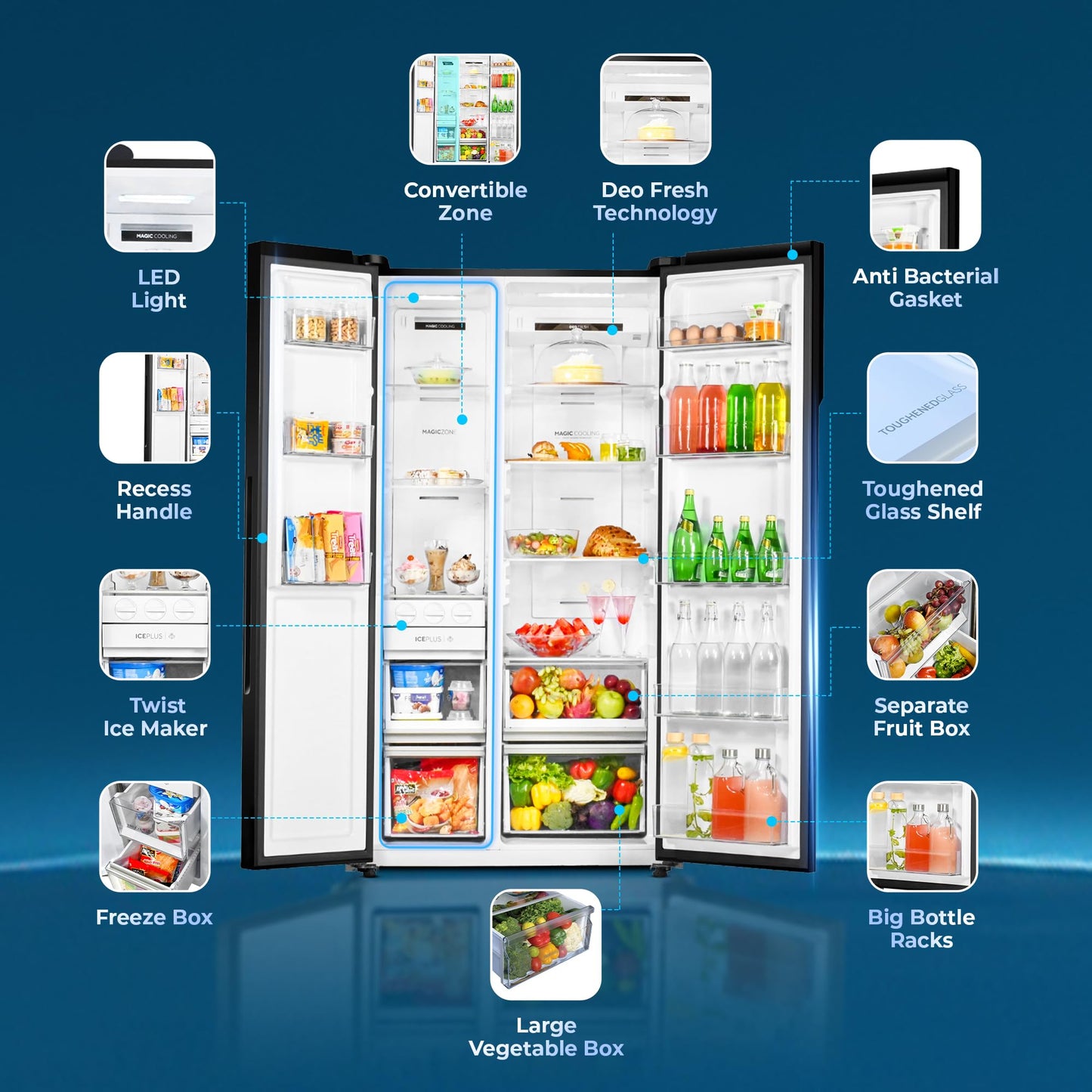 Haier 602L 3Star 2 Door Premium Glass Side by Side Frost Free Refrigerator|100% Convertible|Wi-Fi|Expert Inverter Technology|Digital Display Panel|Triple Twist Ice Maker (HRS-682KGU1, Black Glass) 