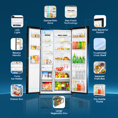 Haier 602L 3Star 2 Door Premium Glass Side by Side Frost Free Refrigerator|100% Convertible|Wi-Fi|Expert Inverter Technology|Digital Display Panel|Triple Twist Ice Maker (HRS-682KGU1, Black Glass) 