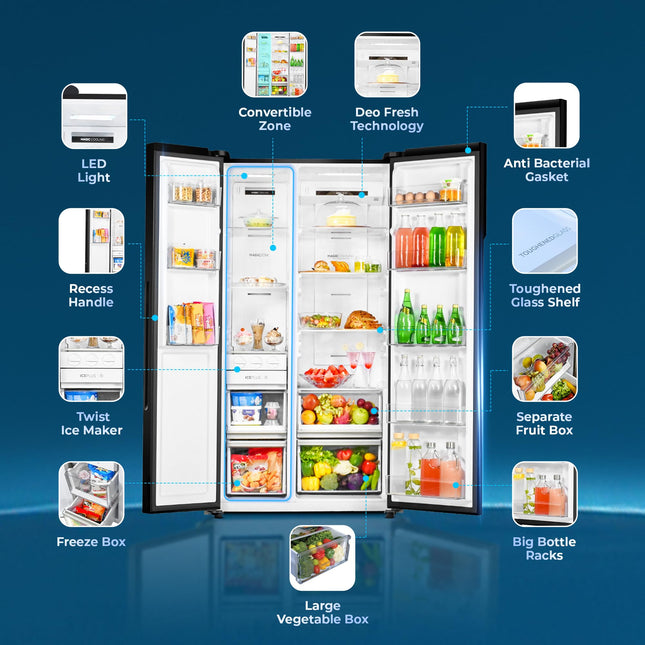 Haier 602L 3Star 2 Door Premium Glass Side by Side Frost Free Refrigerator|100% Convertible|Wi-Fi|Expert Inverter Technology|Digital Display Panel|Triple Twist Ice Maker (HRS-682KGU1, Black Glass) 