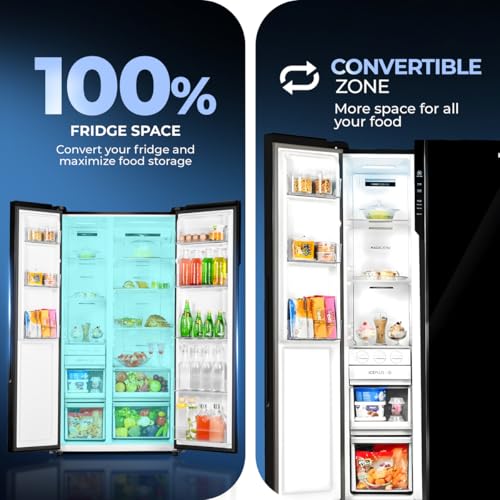 Haier 602L 3Star 2 Door Premium Glass Side by Side Frost Free Refrigerator|100% Convertible|Wi-Fi|Expert Inverter Technology|Digital Display Panel|Triple Twist Ice Maker (HRS-682KGU1, Black Glass) 